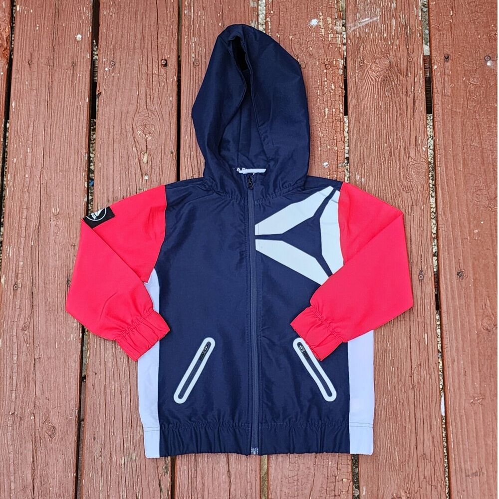 Reebok Kids‎ Zip-Up Light Jacket Navy Blue & Red Reflective Hoodie Size XS (4/5)